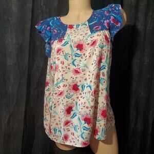 ANDRE BY UNIT Tunic Blouse Top BLUE FLORAL Empire Waist BOHO Women's Medium